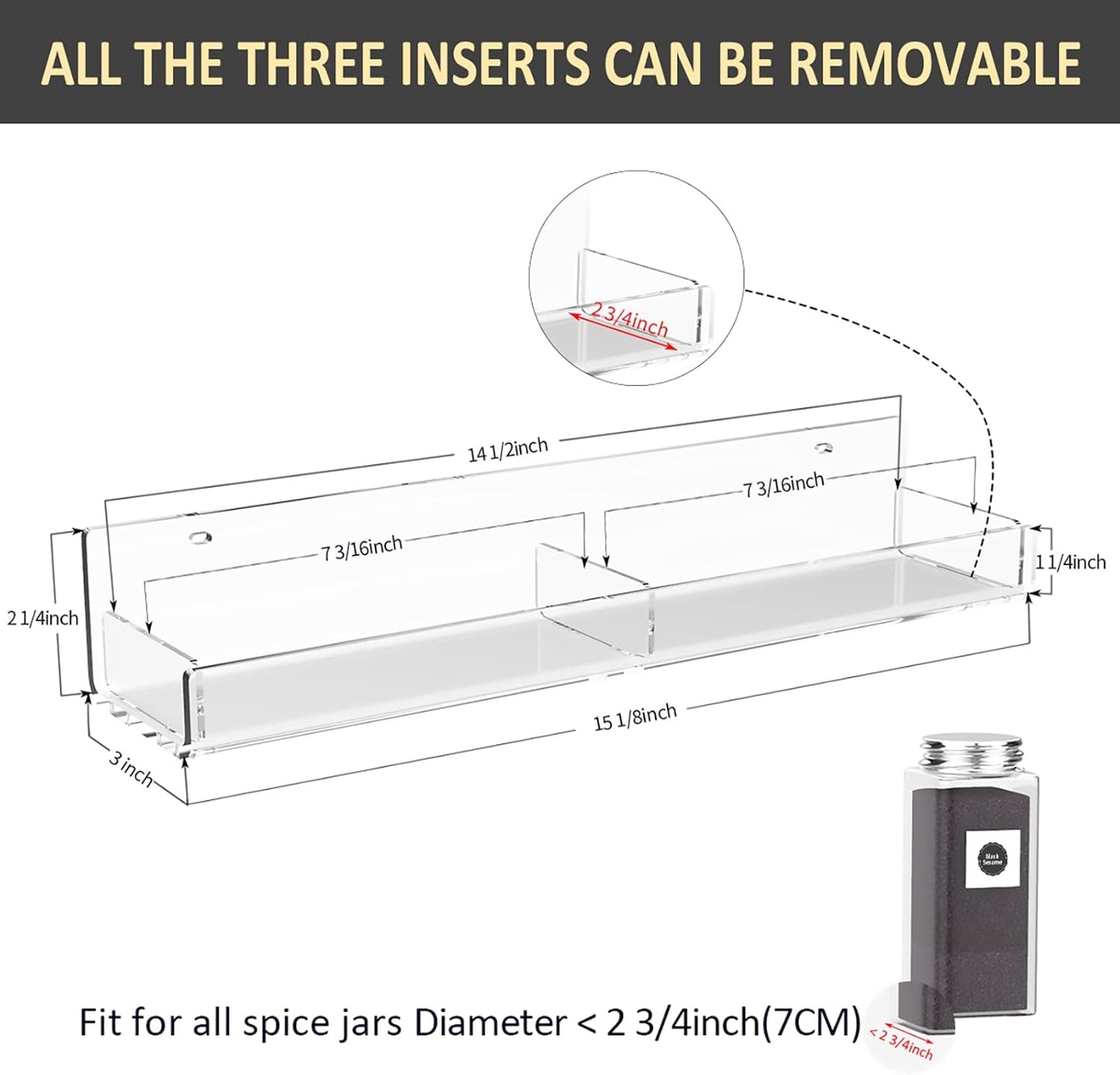 15 Inch Acrylic Spice Rack Wall Organizer Set of 3, Clear Acrylic Wall Shelf for Home Organizer, Floating Shelf for Bottle Display, Jars, Spice, Wine, Books, Toiletries