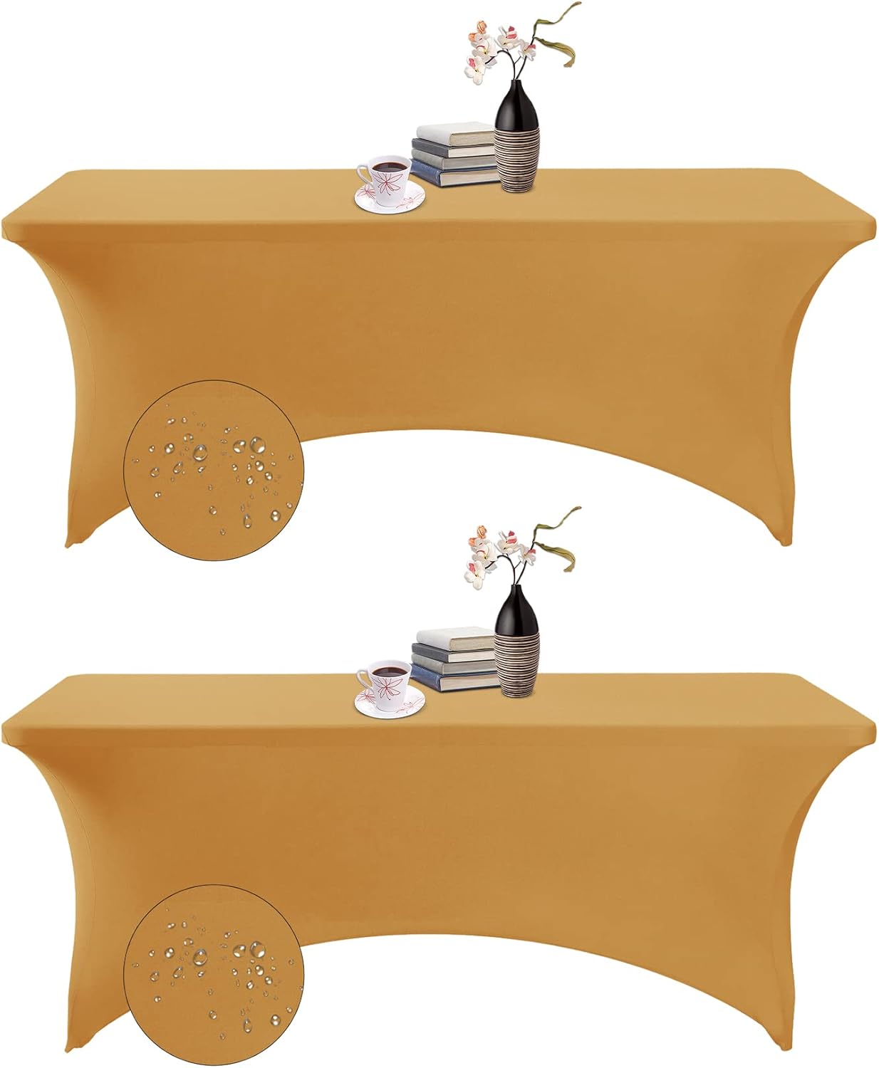 2Pack Spandex Waterproof Table Covers 6ft，Spandex 6ft Waterproof Table Cover for Party,Wedding, Banquet, and Events(Gold)