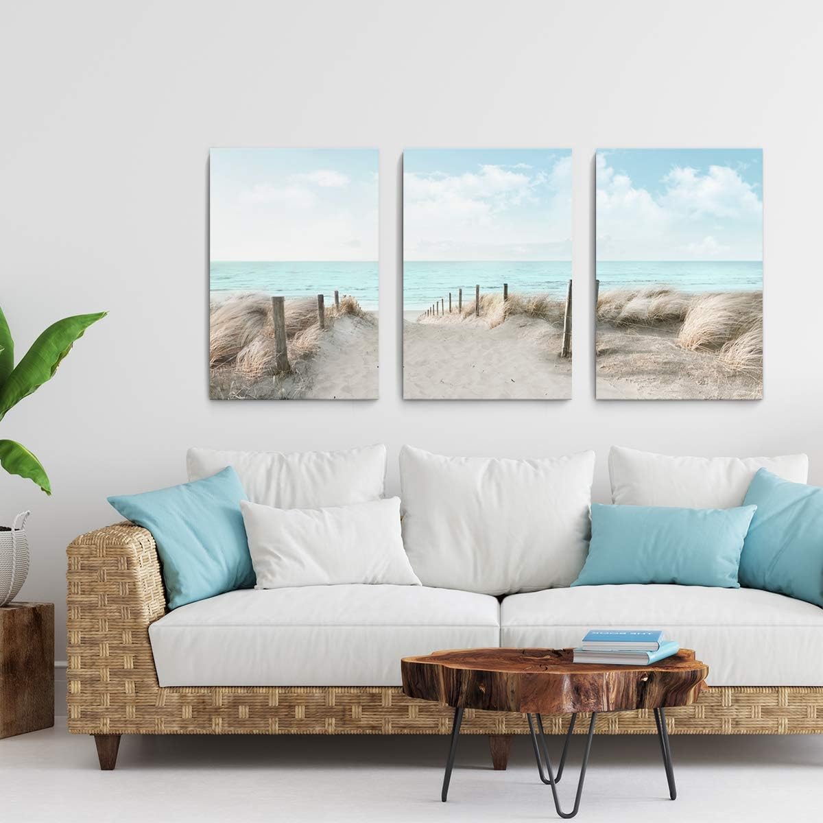 3 Piece Large Canvas Bedroom Wall Art Beach Blue Sea Blue Sky Print Picture Framed Wall Decor for Living Room Bathroom Modern Home Decor Artwork Ready to Hang Coastal Wall Decorations Size 16x24x3