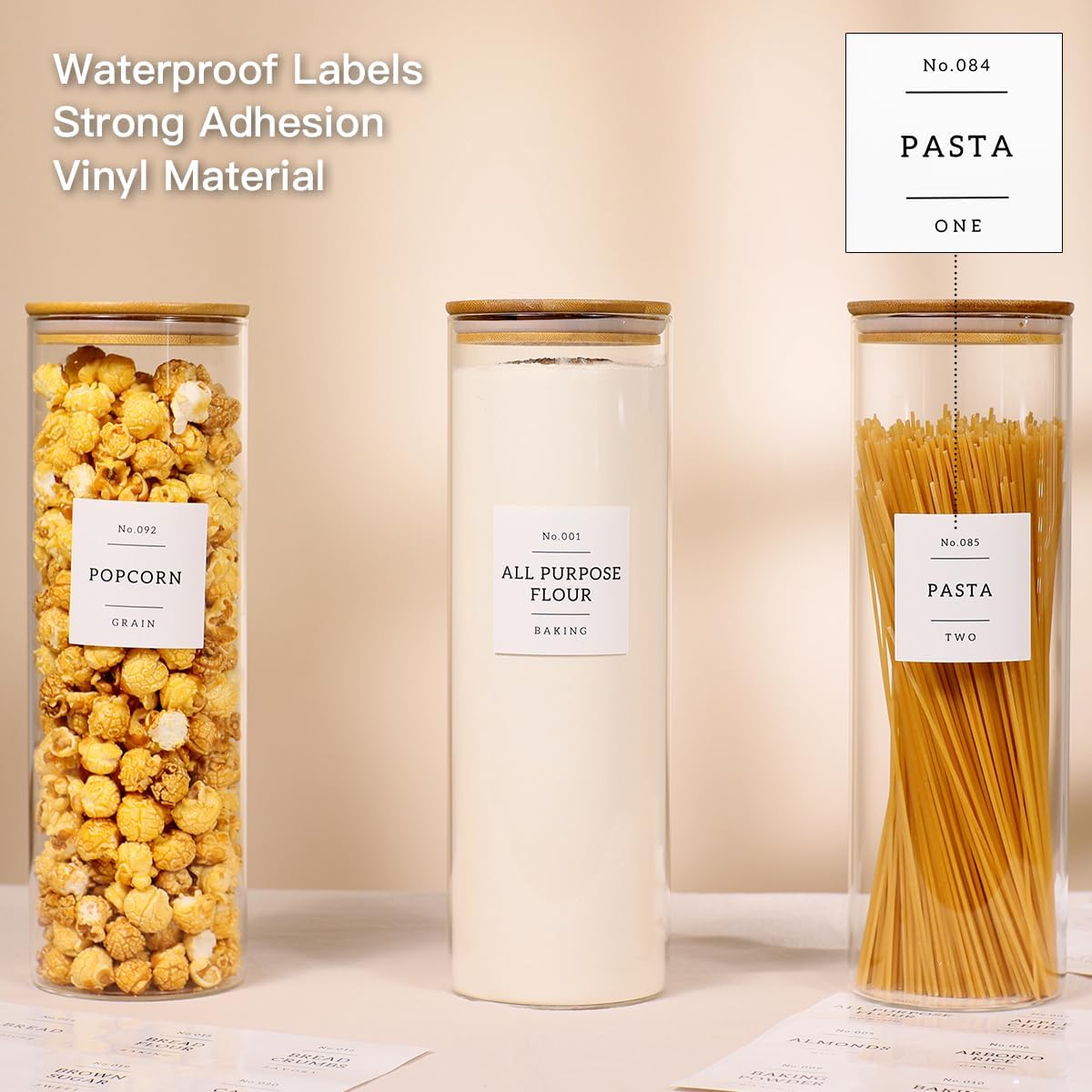 3 Pack Glass Jar with Airtight Bamboo Lid and White 132 Kichen Pantry Labels Preprinted - 70 Oz Clear Tall Glass Food Storage Containers set For Noodles Pasta Spaghetti