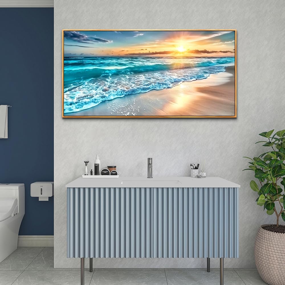 hyidecorart Large Wall Art For Living Room Wall Decorations For Bedroom Office Wall Decor Wood Framed Canvas prints Painting Blue Sea Wave Pictures Modern Beach Seascape Posters Home Decor Artwork