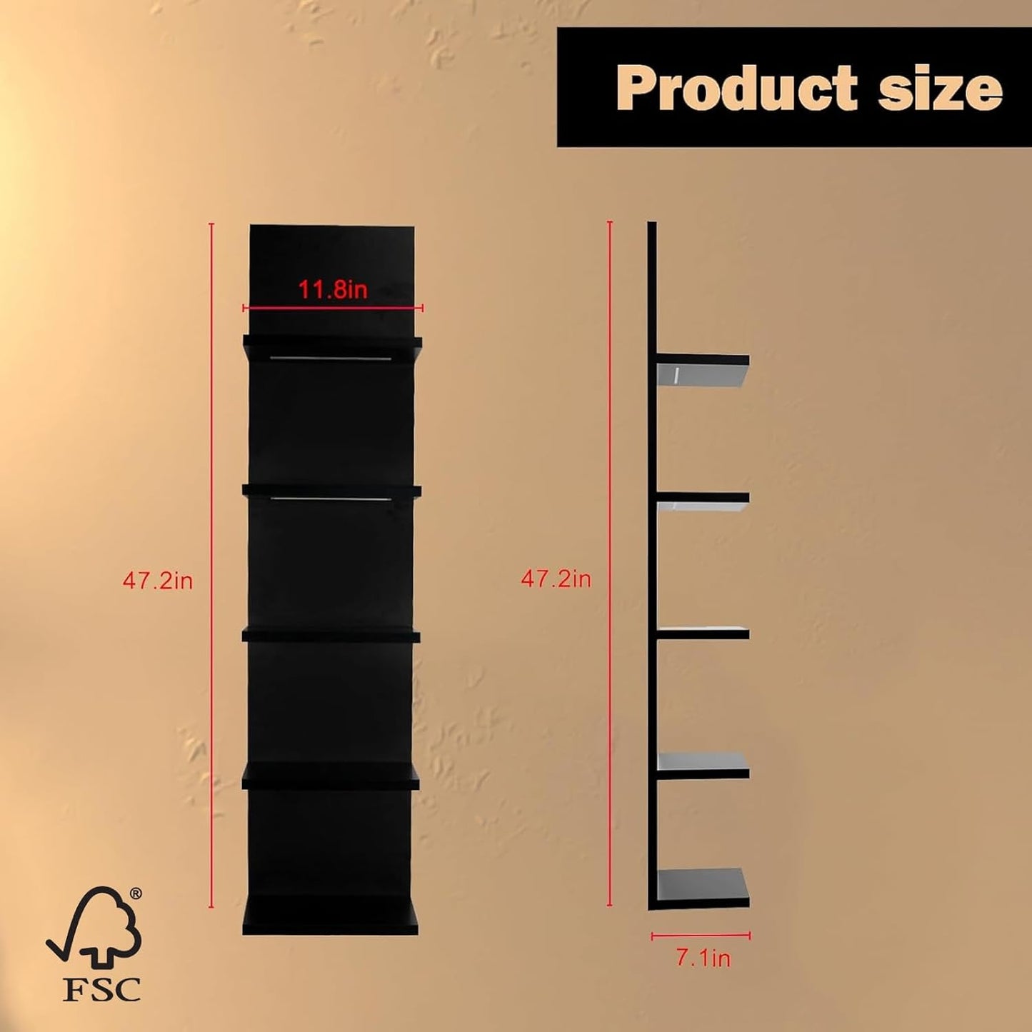 5 Tier Wall Shelf Unit, Black Modern Vertical Lack Wall Shelves with Light, Wall Mount, Floating Column Home Decor Shelves for Bedroom, Living Room, Vanity Storage Display