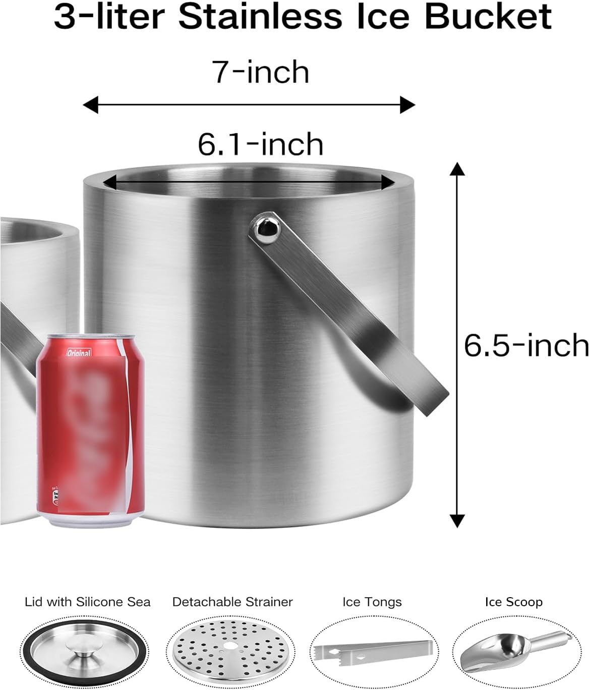 3L Double Wall Ice Bucket with Silicone Lid, Tongs & Scoop Insulated Ice Buckets for Parties & Cocktail Bar,[Silicone Lid for Longer Ice] Large Wine Bar Bucket Stainless Champagne Chiller