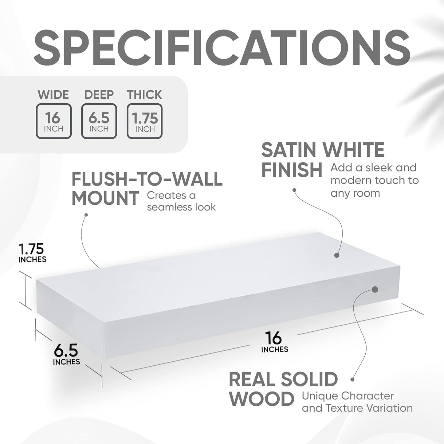 Homeforia White Floating Shelves 16 inch, High End Solid Real Wood 16inch Bathroom Floating Shelf for Wall Mounted, White Wooden 16 Floating Shelves, Heavy Duty Bracket, 16 X 6.5 X 1.75 inch, Set of 4