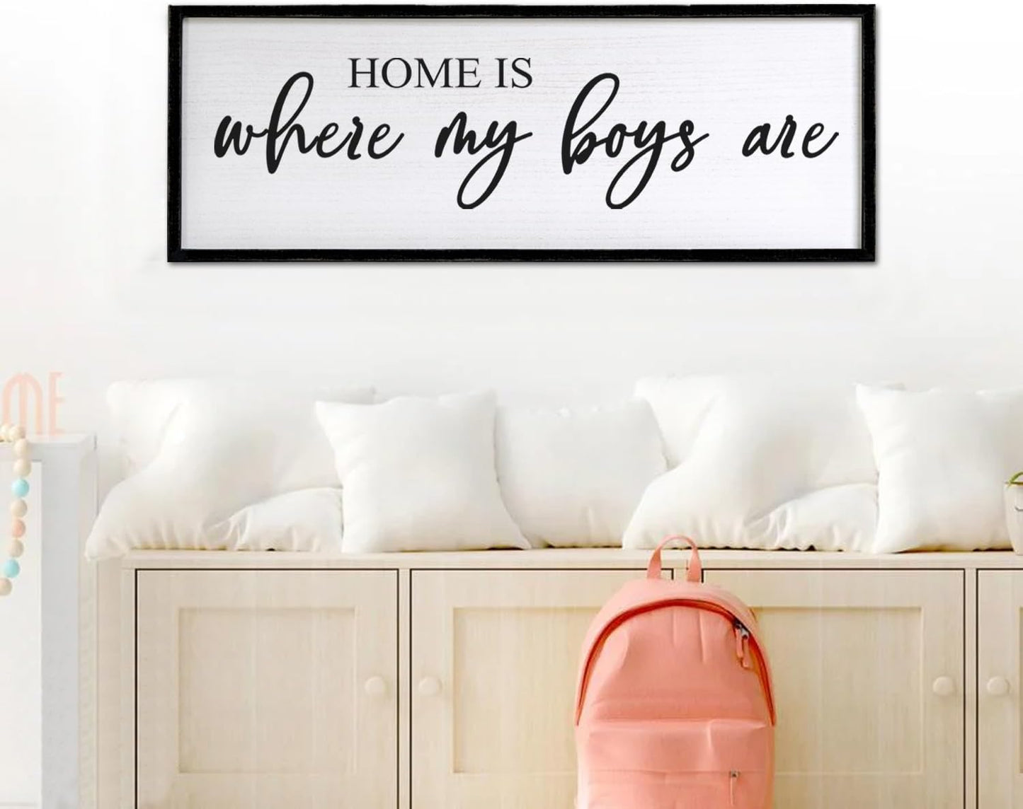 Home is Where My Boys are Sign Framed Wall Art, 32''×12'' Rustic Horizontal My Son Plaque with Black Frame for Baby Kid Boy Son Teen Toddlers Room, Horizontal Mom of Boys Gifts Nursery Decor