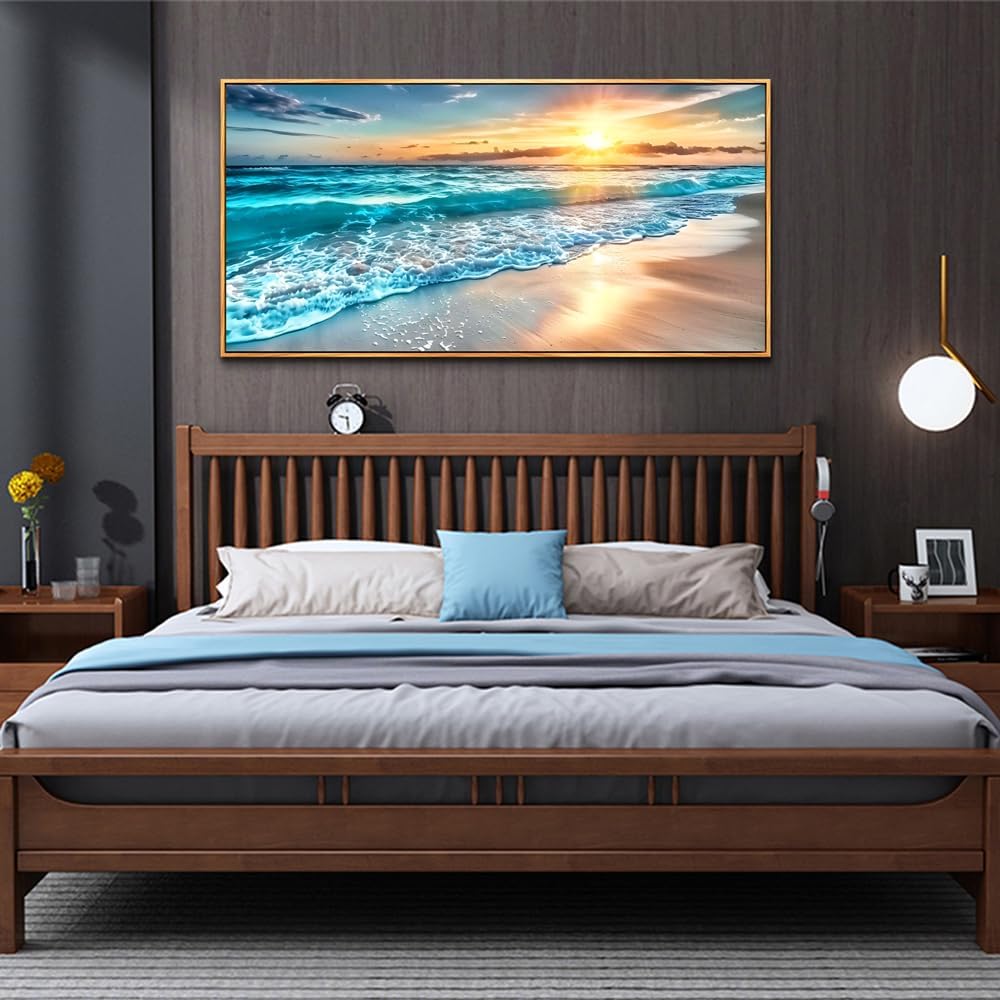 hyidecorart Large Wall Art For Living Room Wall Decor For Bedroom Office Wall Decor Wood Framed Canvas Wall Painting Blue Sea Wave Pictures Modern Beach Seascape Posters Home Decorations Artwork