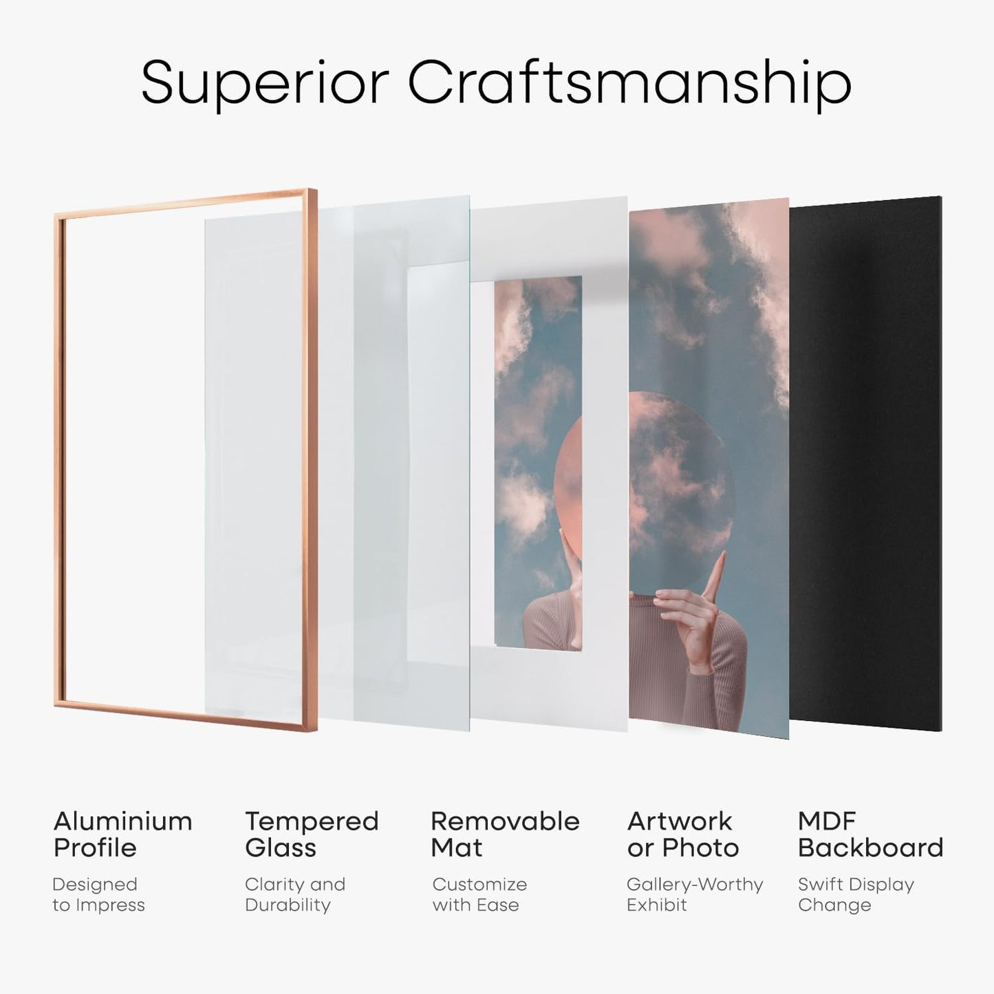 Homeforia 16x16 Picture Frame Rose Gold, High End Metal 16 x 16 Square Poster Frame with Mat 12 x 12 Photo, 16x16 Frame Matted to 12x12 Print, 16by16 Hanging Frames, Tempered Glass, Wall Kit, Set of 1