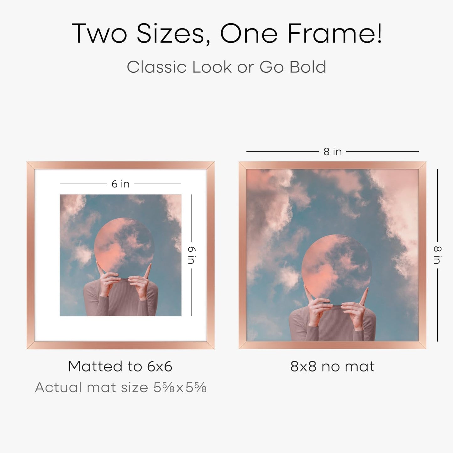 Homeforia Rose Gold Frame 8x8, High End Metal 8 x 8 Square Picture Frames with Mat 6 x 6 Art, 8x8 Photo Frame Matted to 6x6 inch Print, 8by8 Wall or Tabletop Frames, Tempered Glass, Wall Kit, Set of 1