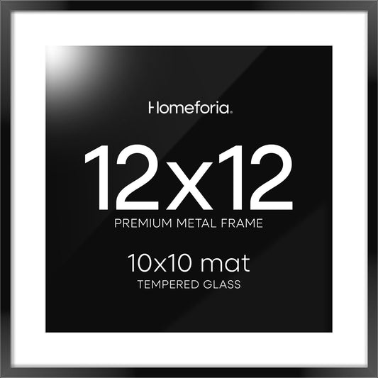 Homeforia Black 12x12 Picture Frames, High End Metal 12 x 12 Square Poster Frame with Mat 10 x 10 Photo, 12x12 Black Frame Matted to 10x10 Print, 12by12 Thin Frames, Tempered Glass, Wall Kit, Set of 1