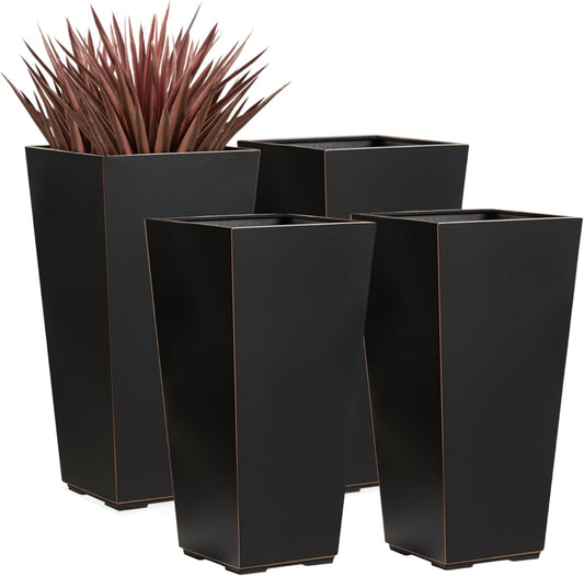 26 Inch Planter Tall Tapered Planter for Front Porch, Patio, Deck, Garden Indoor/Outdoor Tree Planters, Set of 4, Black with Copper Hand Brushed Rim
