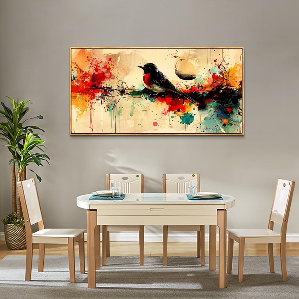 hyidecorart Wood Framed Wall Art For Living Room Large Wall Decor For Bedroom Office Home Wall Decor Pictures Posters Artwork Abstract Watercolor Bird Painting Hotel Canvas Art Room Decoration