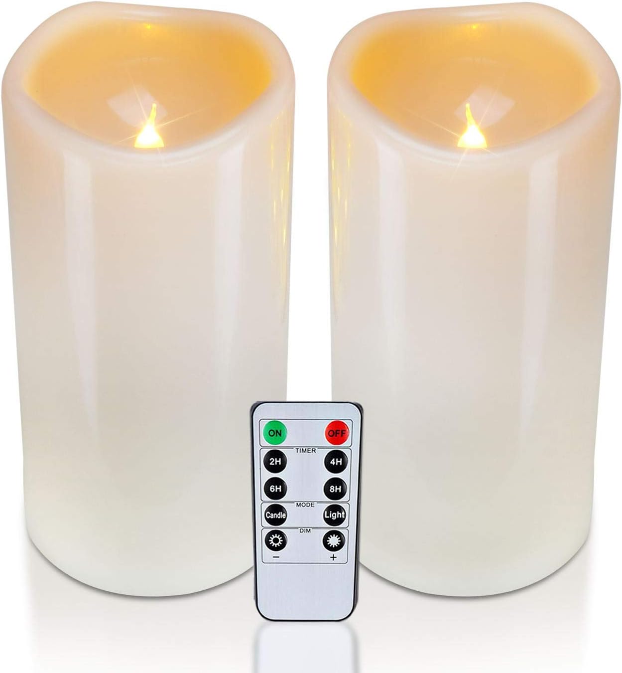 Homemory 4" x 8" Waterproof Outdoor Flameless Candles, Battery Operated Flickering LED Pillar Candles with Remote and Timers for Indoor Outdoor Lanterns, Long Lasting, Large, Dark Ivory, Set of 2