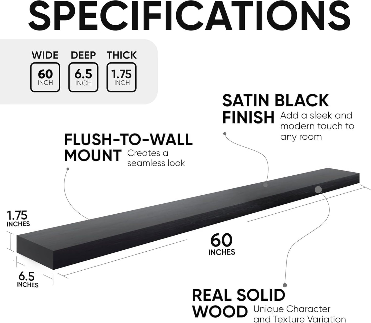 Homeforia Floating Black Shelf 60 inch, High End Solid Real Wood 60 inches Long Floating Shelves for Wall, Black Wooden 60inch Large Floating Shelves, Heavy Duty Bracket, 60 X 6.5 X 1.75 in, Set of 2
