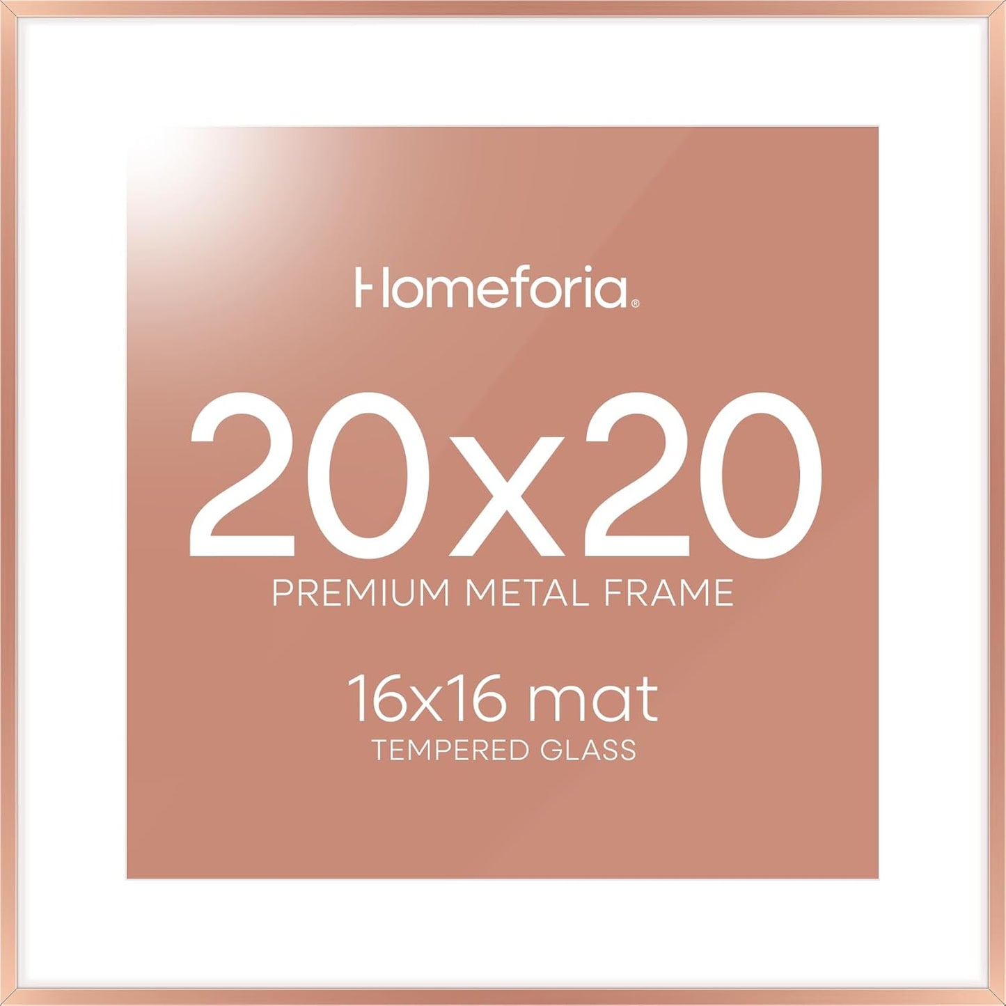 Homeforia 20x20 Picture Frame Rose Gold, High End Metal 20 x 20 Square Poster Frame with Mat 16 x 16 Photo, 20x20 Frame Matted to 16x16 Print, 20by20 Hanging Frames, Tempered Glass, Wall Kit, Set of 1
