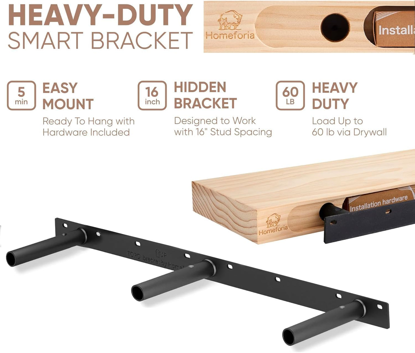 Homeforia 42 inch Wood Floating Shelf, High End Solid Natural Wood 42inch Large Floating Shelves for Wall Mounted, Unfinished Wooden Floating Shelves, Heavy Duty Bracket, 42 X 6.5 X 1.75 in, Set of 2