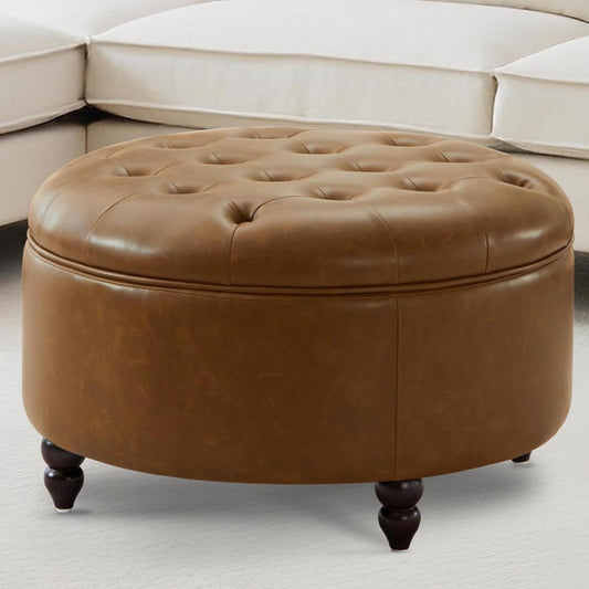 30-Inch Large Round Ottoman, Faux Leather Coffee Table with Removable Lid Top, Upholstered Footrest Modern Button Circle Storage Ottoman for Living Room, Office, PU Brown