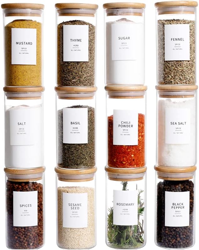 12 Pcs Glass Spice Jars With Bamboo Airtight Lids, 10oz Thicken(2.4mm) Spice Containers With 148 Minimalist Preprinted Waterproof Spice Labels, Kitchen Empty Small Storage Jars For Seasoning, Herb