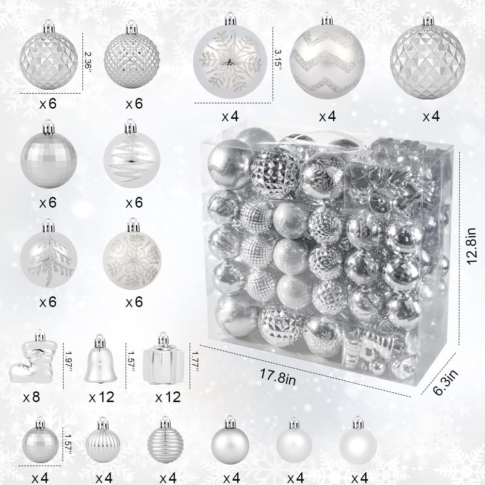 116Pcs Silver Christmas Ball Ornaments Set, Shatterproof Christmas Hanging Decoration Set with Gift Box, Assorted Decorative Baubles Set for Xmas Tree/Home/Wedding/Party/Holiday (Silver)