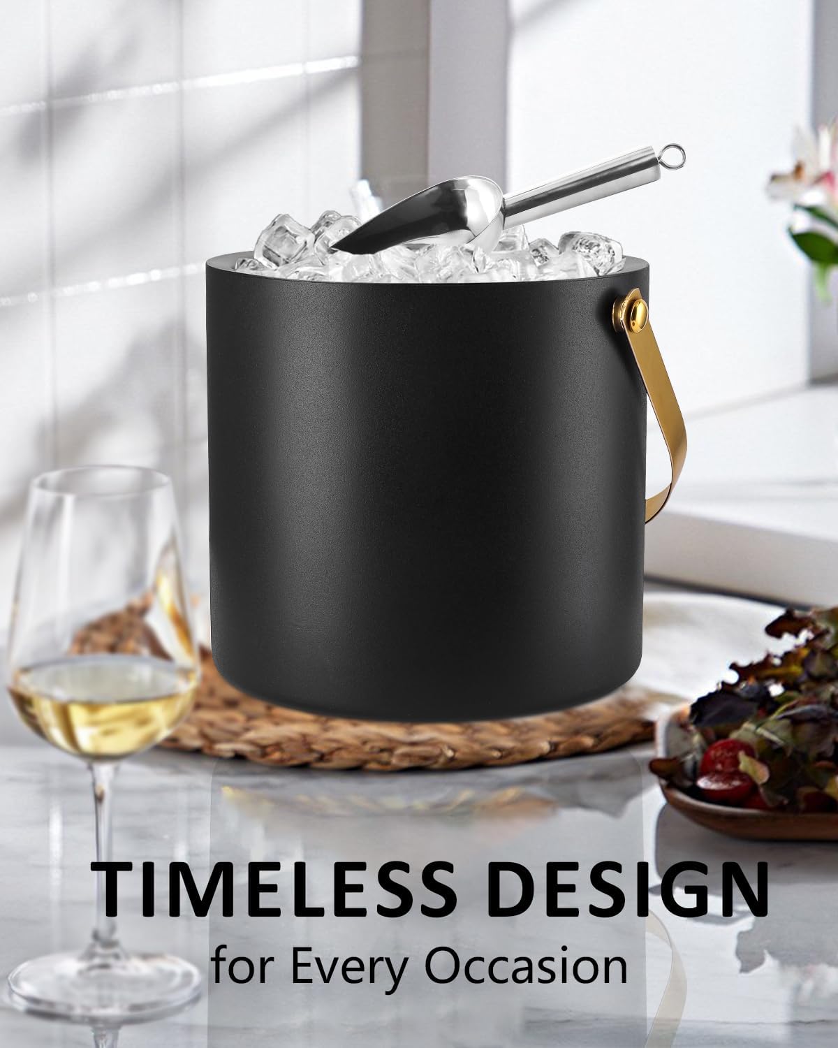 3L Ice Bucket with Silicone Lid, Scoop, Gold Tongs & Strainer, Stainless Steel Double Wall Insulated Ice Buckets for Parties & Cocktail Bar, Outdoor Champagne Ice Container Bin, Black
