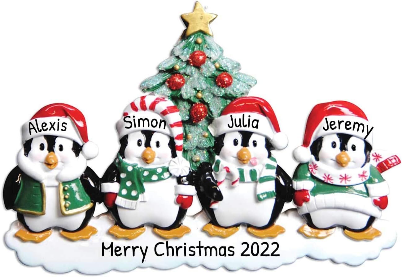 3D Penguins Family of 4 Christmas Ornament 2025 Personalized Family Christmas Ornaments 2025 | Winter Snow Penguins Personalized Tree Ornaments Customizable Gifts of Santa Hat Penguin of Four Ornament