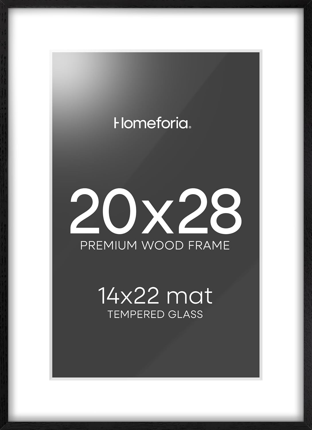 Homeforia 20x28 Black Wood Frame, High End Oak 20x28 Wooden Picture Frames with Mat 14x22 Photo, 20 x 28 Poster Frame Matted to 14 by 22 Print, 28x20 Hanging Frames, Tempered Glass, Wall Kit, Set of 1