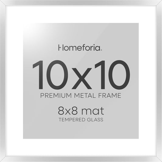 Homeforia 10x10 Picture Frame Silver, High End Metal 10 by 10 Square Frames with Mat 8 x 8 inch Photo, 10by10 Poster Frame Matted to 8x8 Art, Wall or Tabletop Frame, Tempered Glass, Wall Kit, Set of 1