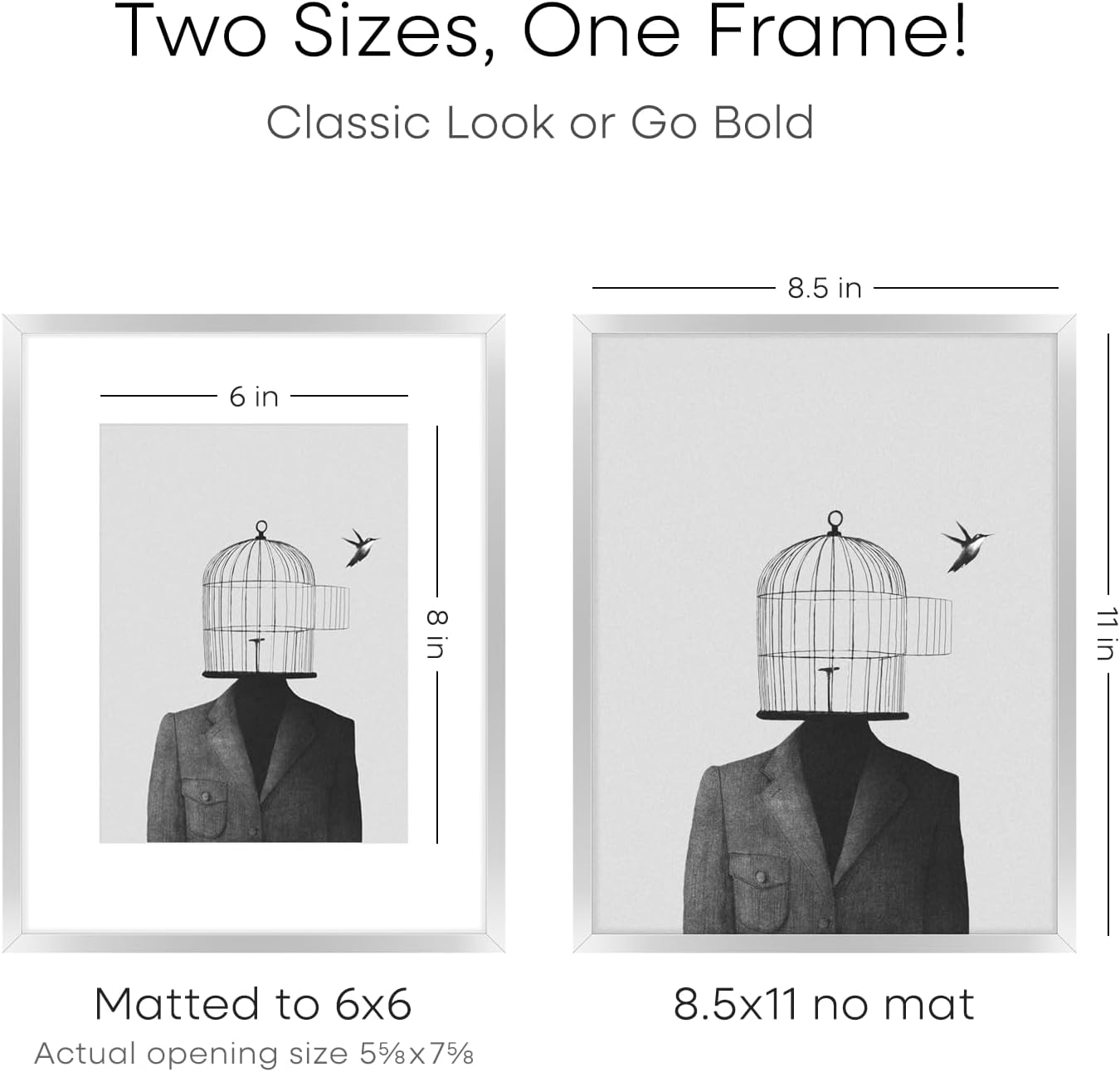 Homeforia 8.5x11 Picture Frame Silver, High End Metal 8.5 x 11 Poster Frames with Mat 6 by 8 Photo, 11x8.5 Frame Matted to 6x8 Print, 8.5by11 Wall or Tabletop Frame, Tempered Glass, Wall Kit, Set of 1