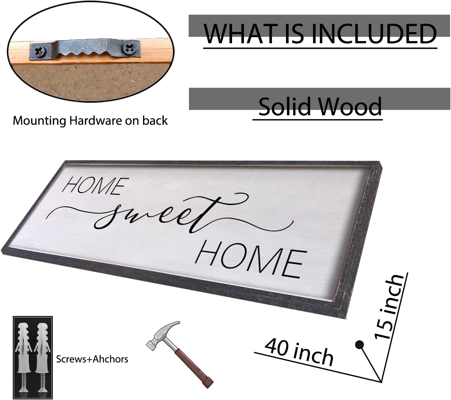 Home Sweet Home Sign Wall Decor 40"x15" Above Bed Living Room Large Wooden Framed Family Plaques Art (Black)