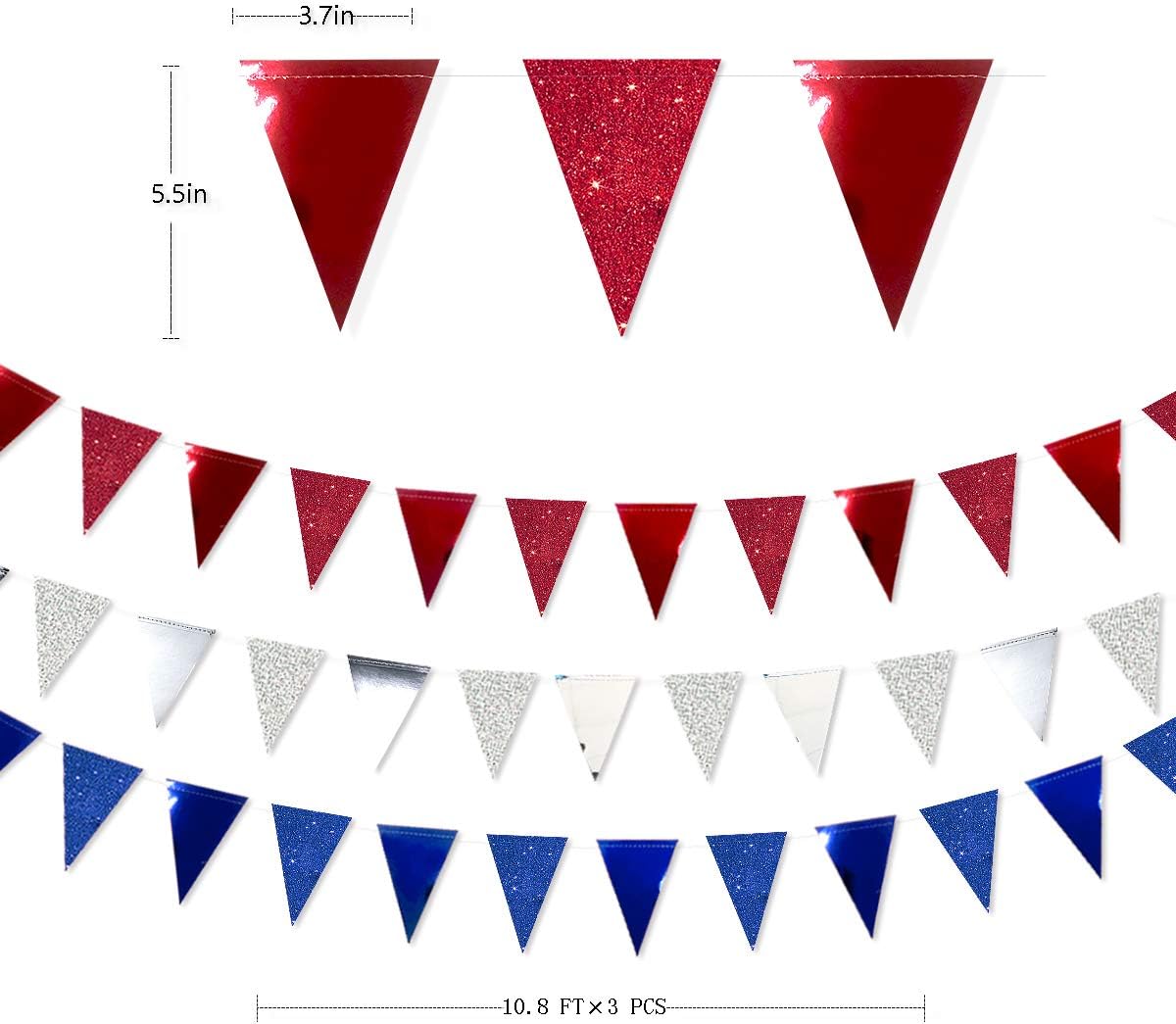 30 Ft Red Silver Blue Triangle Pennant Banner Bunting Hanging Paper Flag Garland for 4th of July American Independence Day USA National Day Patriotic Graduation Wedding Hen Party Decorations Supplies