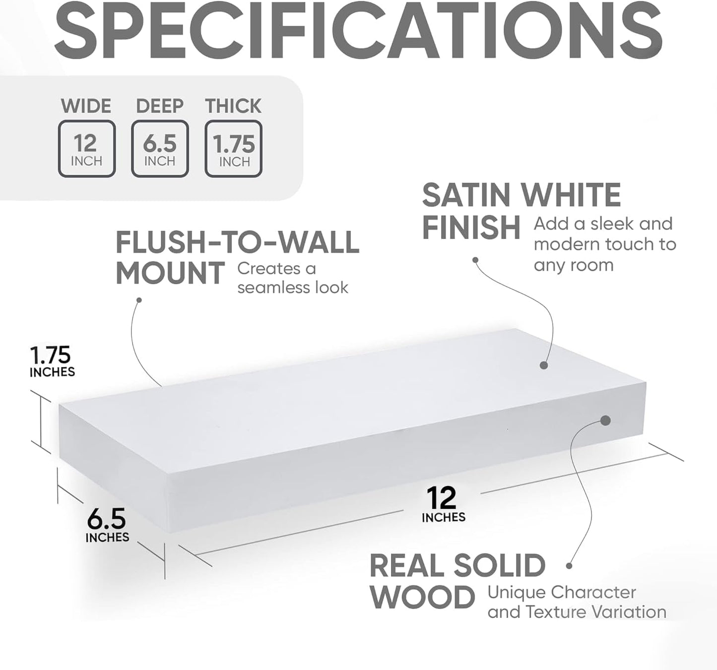 Homeforia White Floating Shelf 12 inch, High End Solid Real Wood Small 12inch Floating Shelves for Wall Mounted, White Wooden 12 in Floating Shelves, Heavy Duty Bracket, 12 X 6.5 X 1.75 inch, Set of 2
