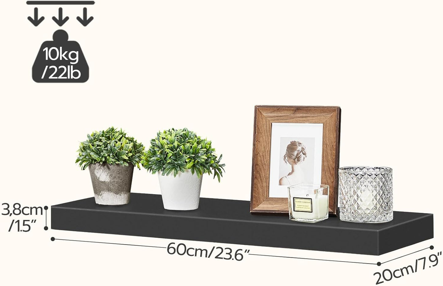 HOOBRO Floating Shelves for Wall, Wall Mounted Shelf Set of 2, 23.6" Hanging Shelf with Invisible Brackets, for Wall in Bathroom, Bedroom, Toilet, Kitchen, Living Room, Office, Black BK60BJ01