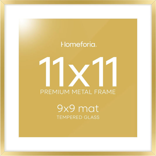 Homeforia 11x11 Picture Frame Gold, High End Metal 11 by 11 Square Frames with Mat 9 x 9 Photo, 11by11 Thin Poster Frame Matted to 9x9 inch Art, Wall Hanging Frames, Tempered Glass, Wall Kit, Set of 1