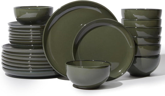 24 Piece Dinnerware Set for 8, Santorini Mist Terracotta Plates and Bowls Sets, Complete Stoneware Dish Set for Large Families and Entertaining, Microwave & Dishwasher Safe, Blackish Green