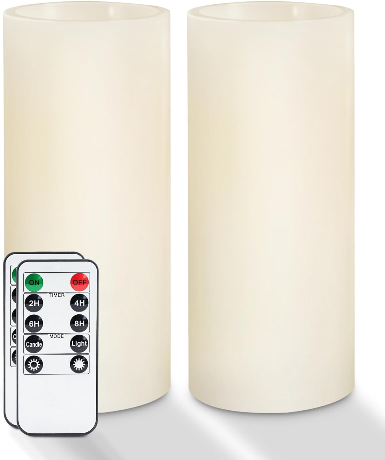 Homemory 9" x 3" Flameless Candles Battery Operated, Flickering LED Pillar Candles with Timers and 2 Remote Controls, Indoor Only, Flat Top, Ivory White Wax, Set of 2