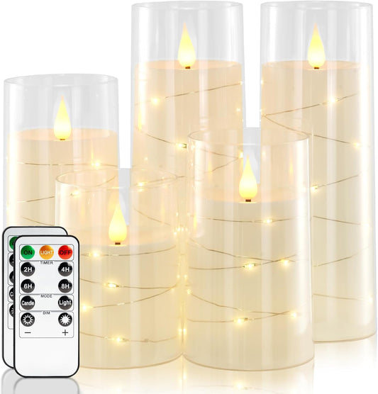 Homemory Pure White Flameless Candles with Embedded Star String Fairy Lights, Battery Operated Candle, LED Candles, Fake Candles with Remote Control and Timer, Set of 5(H4 5" 6" 8" 8")