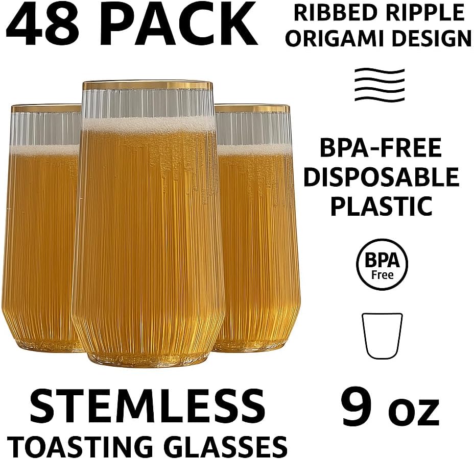 48 Pack Ribbed Ripple Stemless Toasting Glasses, Origami Durable 9 Oz BPA-Free Disposable Plastic Champagne Flutes for Weddings, Bars, Events, and Celebrations (Gold Rim)