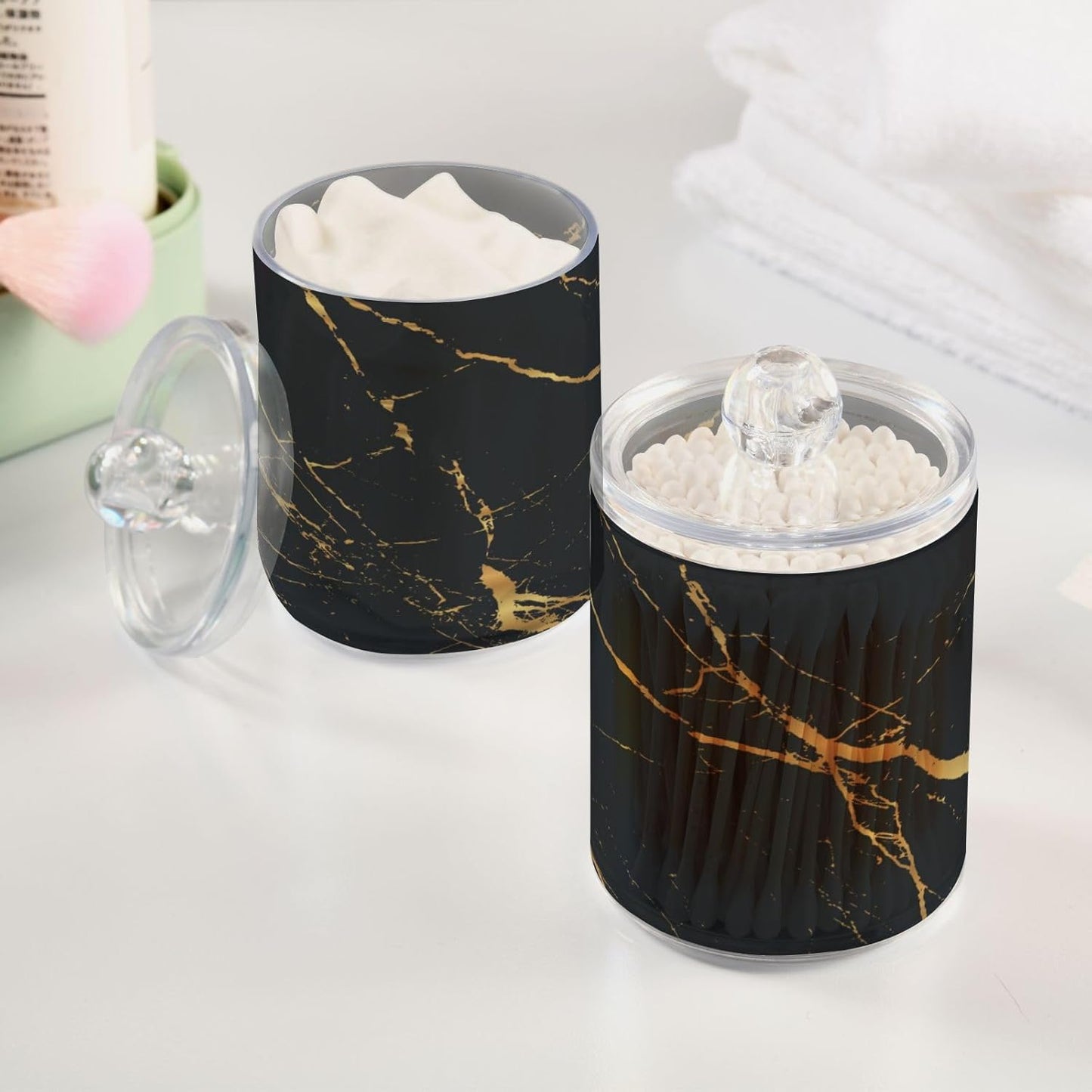 2 Pack Qtip Holder Organizer Dispenser Gold Black Marble Texture Bathroom Storage Canister Cotton Ball Holder Container for Cotton Pads/Swabs/Floss