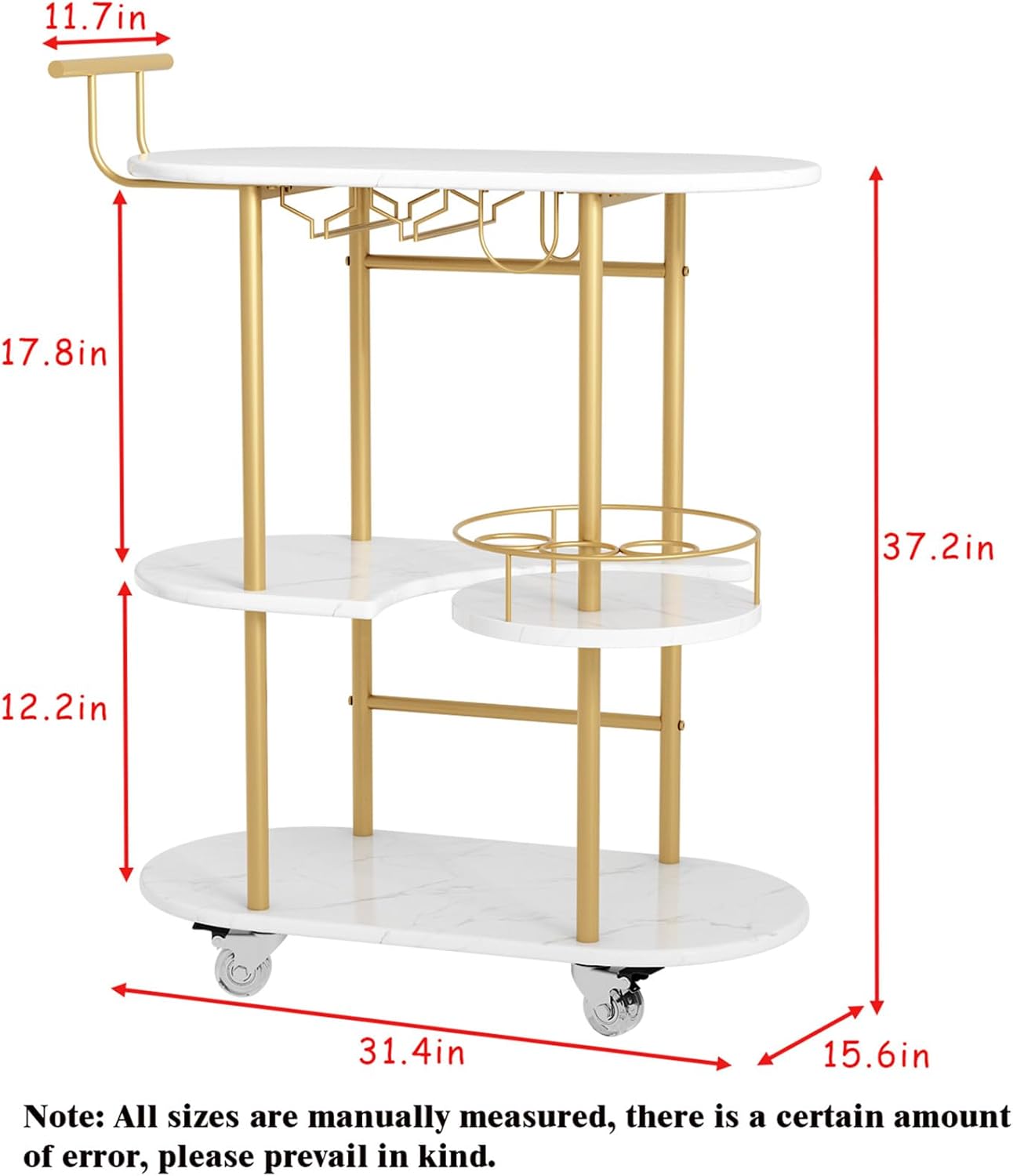 3 Tier Gold Bar Carts for Home Bar Serving Cart with Wheels, Heavy Duty Bar Wine Cart with Storage Shelves, for The Living Room, Kitchen, Bar, Party