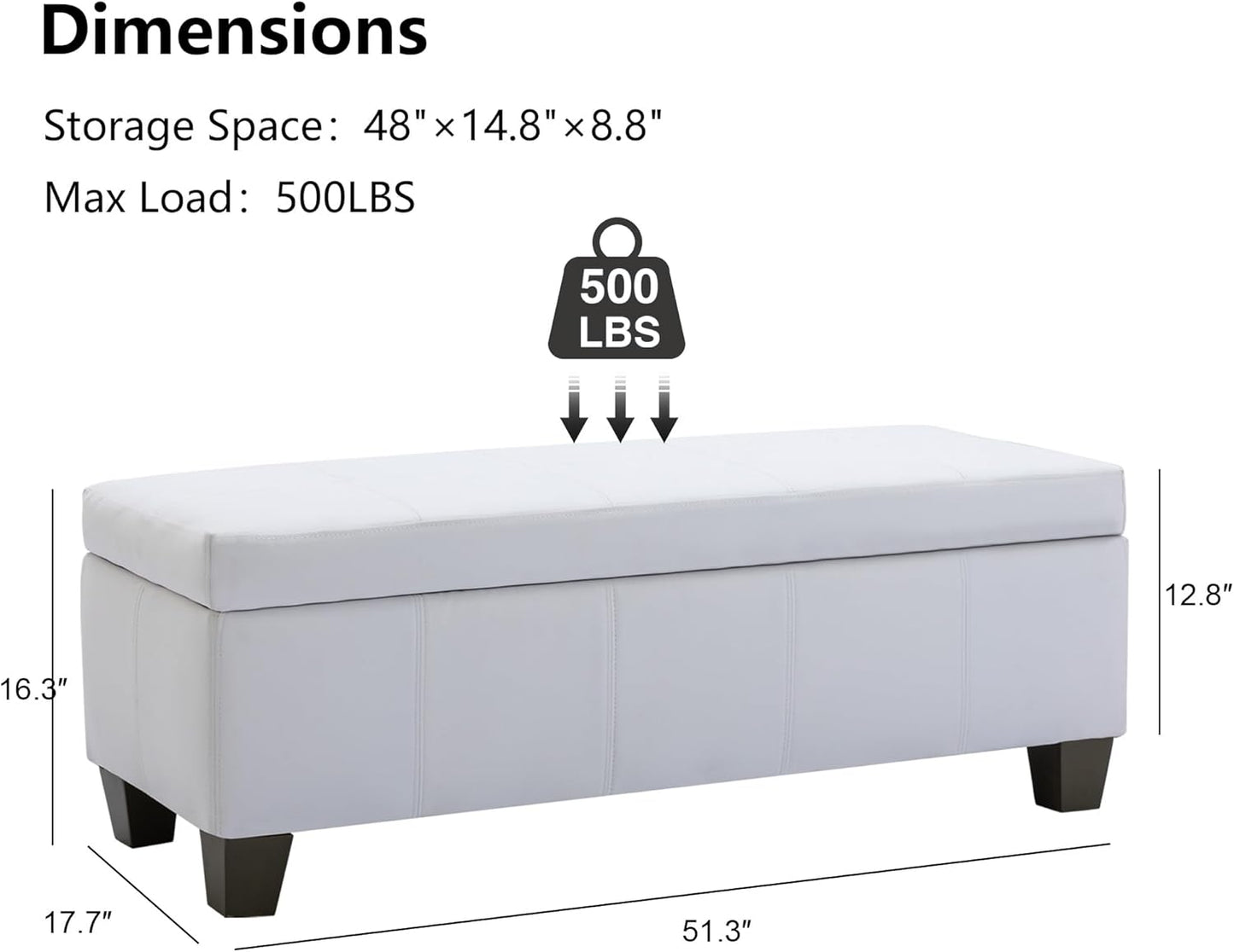 51 Inch Faux Leather Ottoman with Storage, End of Bed Bench with Large Storage, Rectangular Extra Long Bench for Bedroom and Living Room, White