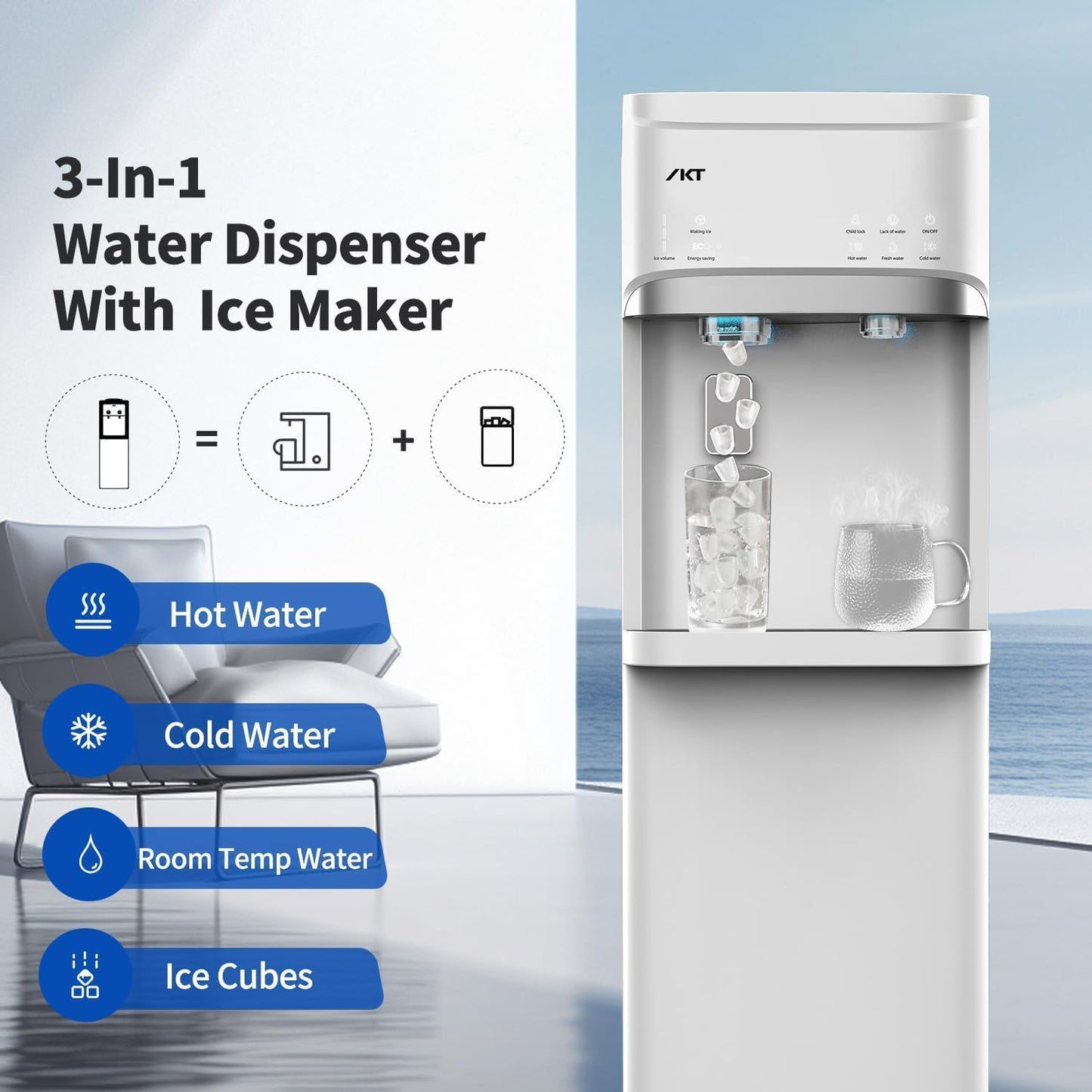 IKT Self-Cleaning Hot Cold and Room Water Cooler Dispenser and Maker Bottom Loading for 5 Gallon Bottle with Energy Saving Mode 22lbs Within 24hrs White