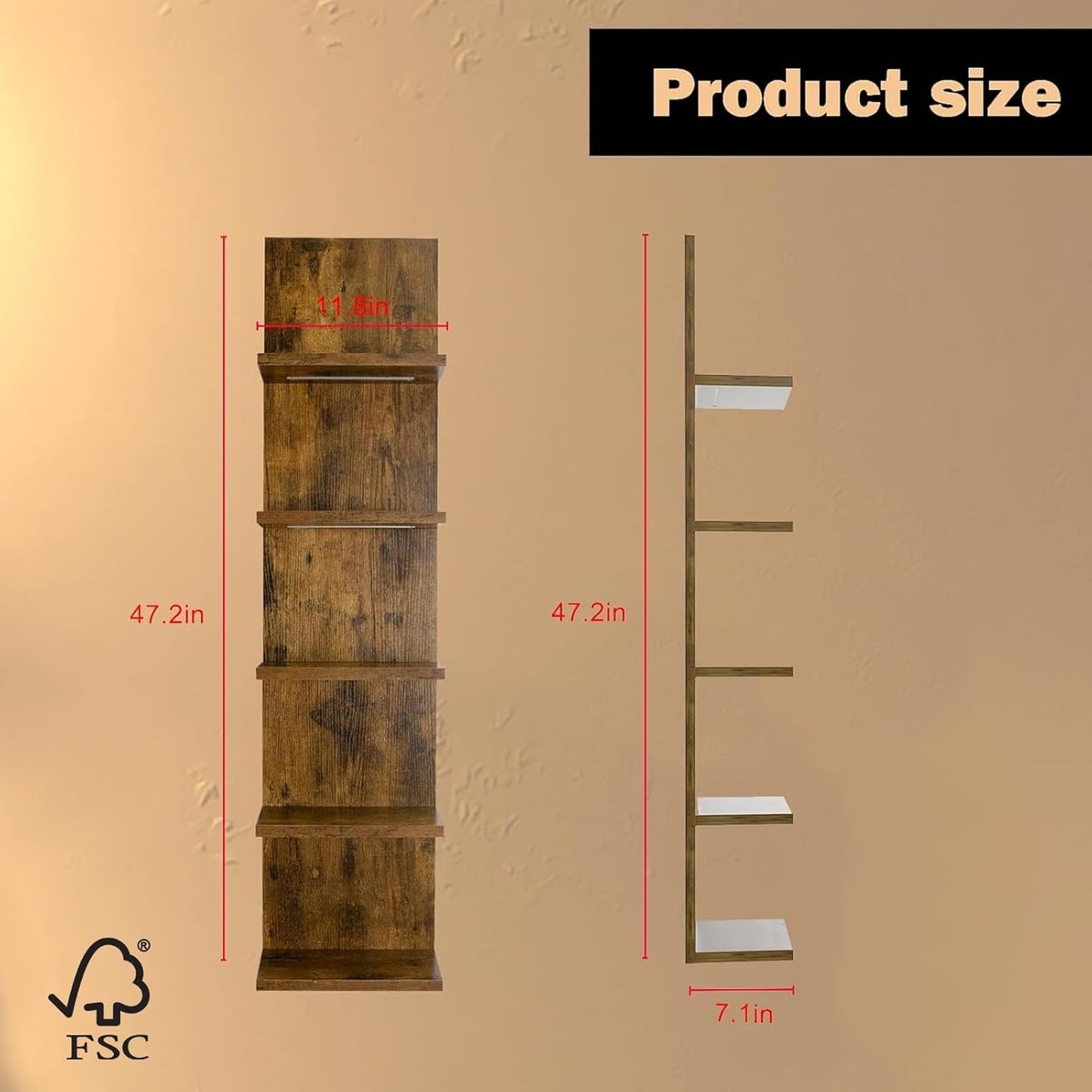 5 Tier Wall Shelf Unit, Modern Vertical Lack Wall Shelves with Light, Wall Mount, Floating Column Home Decor Shelves for Bedroom, Living Room, Vanity Storage Display(Dark Brown)