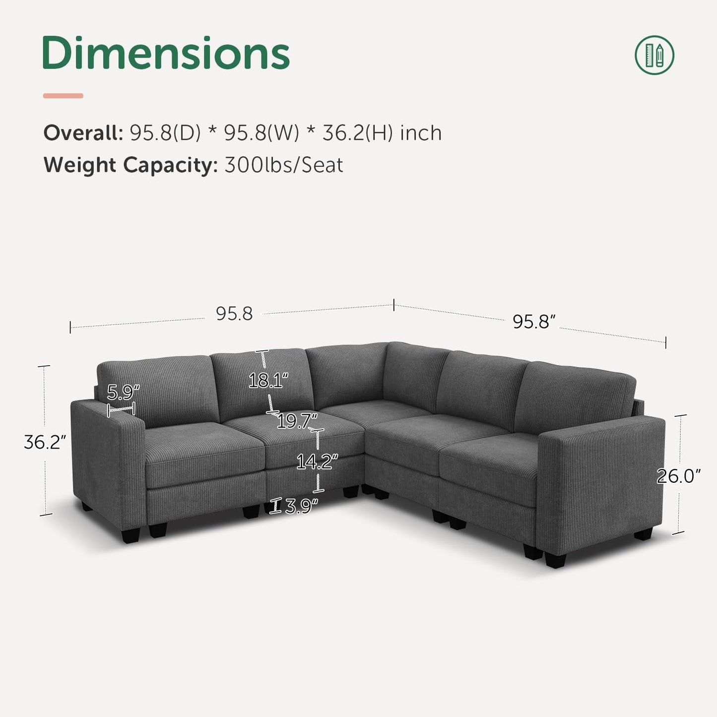 HONBAY Corduroy Modular Sectional Sofa with 5 Seaters, Sectional Corner Sofa with Chaise, L Shape Couches for Living Room, Dark Gray