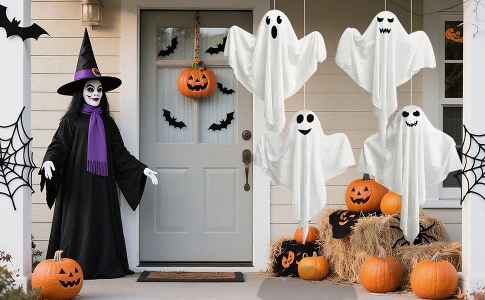 4 Pack Halloween Hanging Ghosts, 27.5 Inch with Light Up Ghost Kit for Indoor Outside Ornaments, Spooky Yard Tree Halloween Decorations Outdoor, Party Décor
