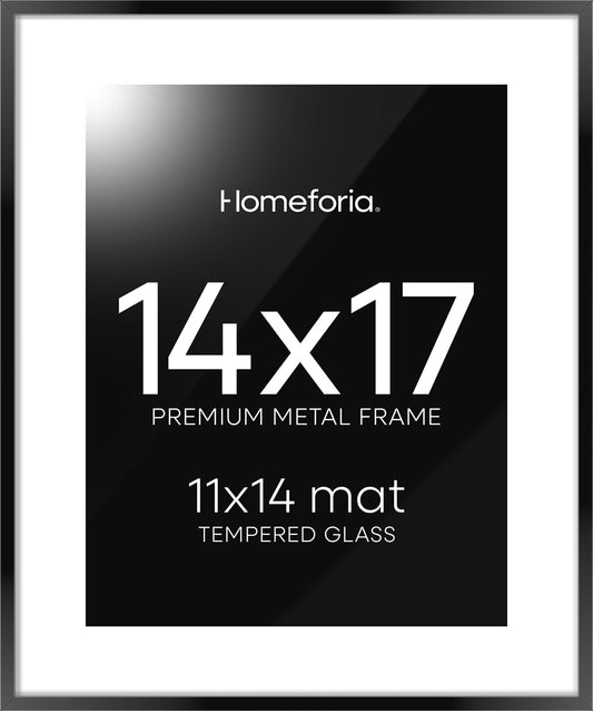 Homeforia 14x17 Picture Frame Black, High End Metal 14 x 17 Poster Frames with Mat 11 x 14 for Photo, 14x17 Black Frame Matted to 11x14 inch Print, 17x14 Thin Frame, Tempered Glass, Wall Kit, Set of 1