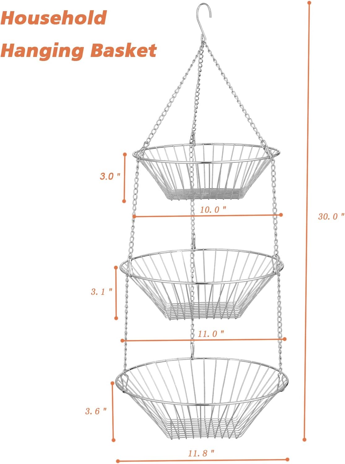 3-Tier Wire Fruit Hanging Basket 2 Packs, non-Punching Wall Hanging Storage, Kitchen Bathroom Organization Basket, Suitable for Bathroom, Kitchen, Closet, Garden, Chrome