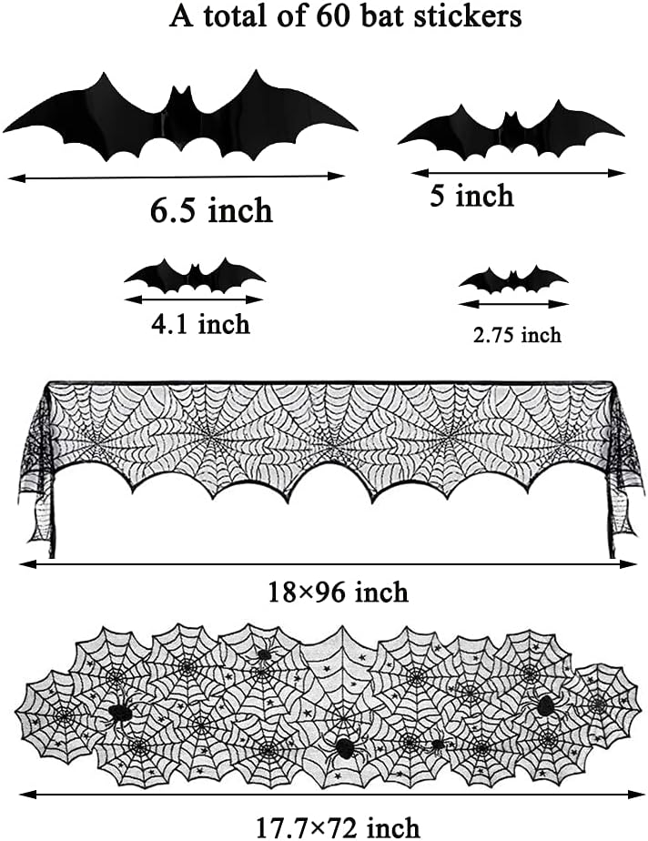 Hommtina 4 Pack Halloween Decorations Tablecloth Runner Black Lace Round Spider Cobweb Table Cover Fireplace Mantel Scarf Spiderweb with 60 Pcs 3D PVC Scary Black Bat Sticker Halloween Party Supplies