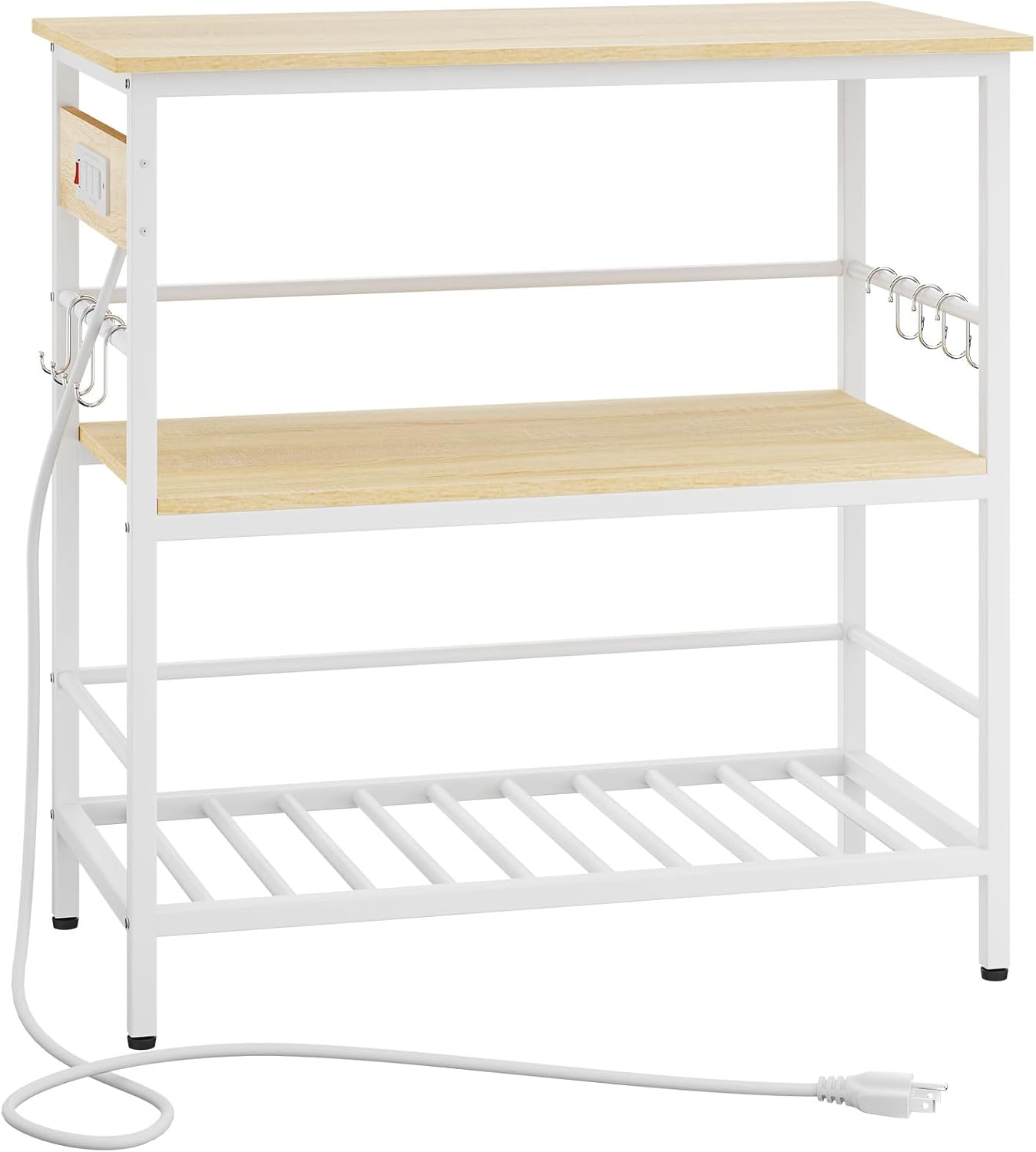 IBUYKE Kitchen Island with Storage, Bakers Rack with Power Outlet,Microwave Stand with Large Worktop,Rolling Bar Cart for Home, Outdoor, Kitchen,Light Wood TMJ029R