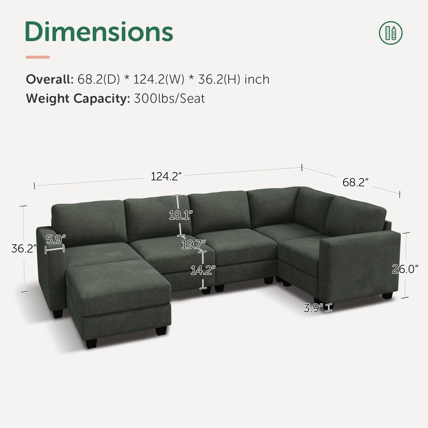 HONBAY U-Shaped Corduroy Sectional Couch with 6 Seaters Modular Sectional Sofa with Storage Sectional Couches for Living Room, Green