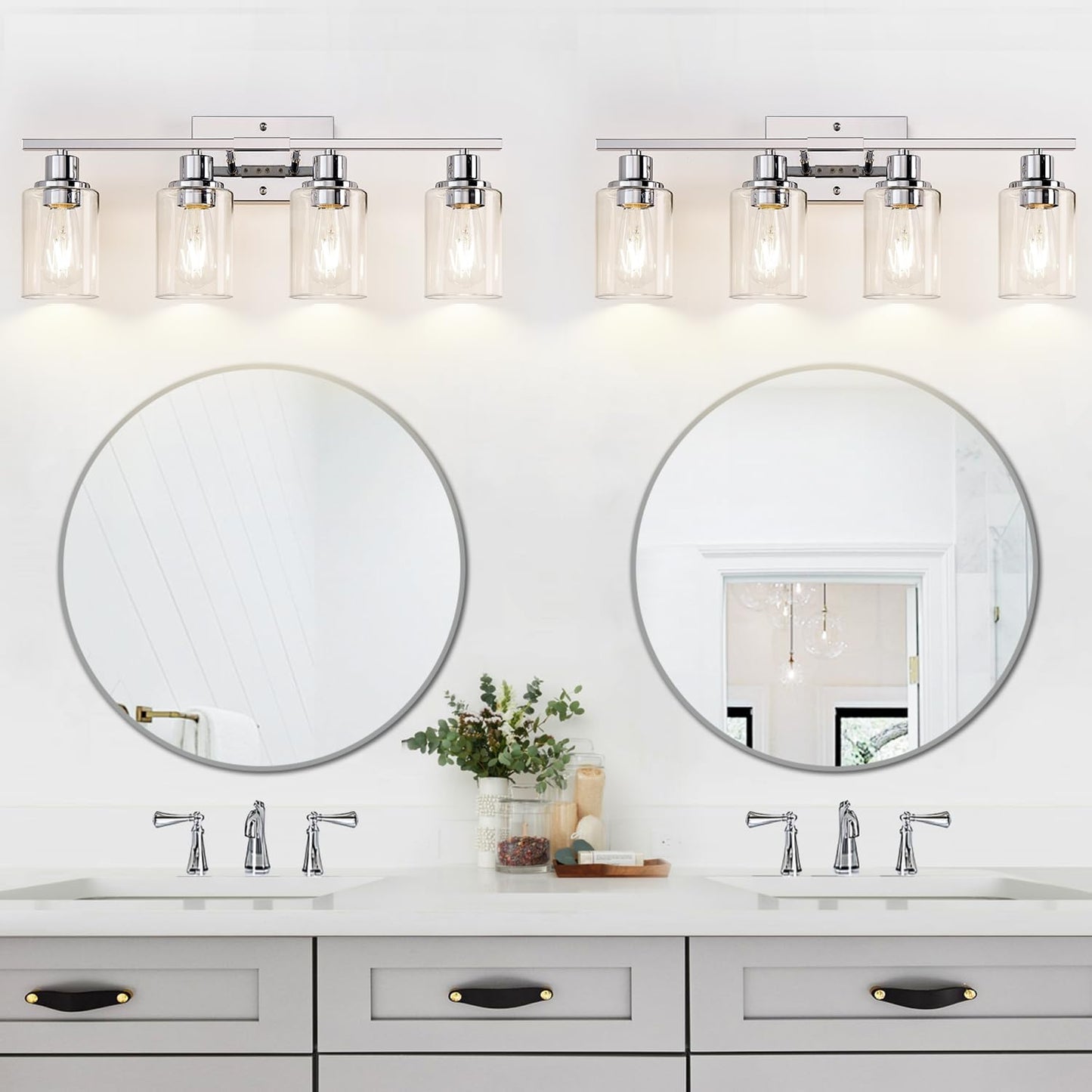 4 Light Bathroom Light Fixtures, Chrome Vanity Lights with Clear Glass Shades, Modern Bathroom Light Fixtures Over Mirror, Modern Bathroom Wall Lamp for Mirror Living Room Cabinet
