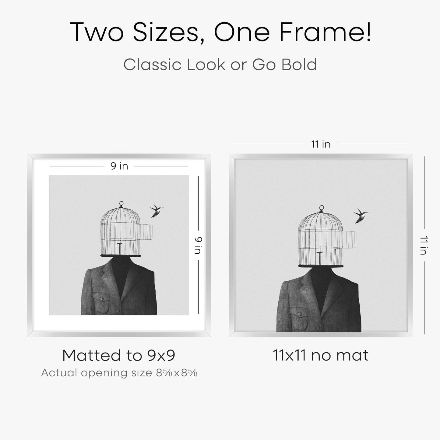 Homeforia 11x11 Picture Frame Silver, High End Metal 11 by 11 Square Frames with Mat 9 x 9 Photo, 11x11 Thin Poster Frame Matted to 9x9 inch Art, Wall Hanging Frame, Tempered Glass, Wall Kit, Set of 1